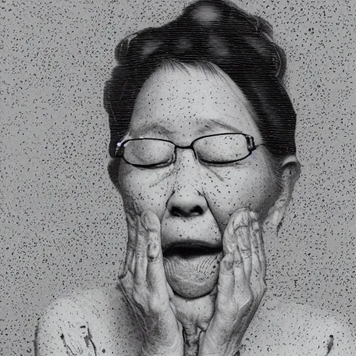 Prompt: closeup of my grandma eating crayons, melting down all over her body, in the style of kawase hasui james jean, artstation trending, 8 k, 3 d render, photorealistic, volumetric lighting caustics, black and white, detailed af