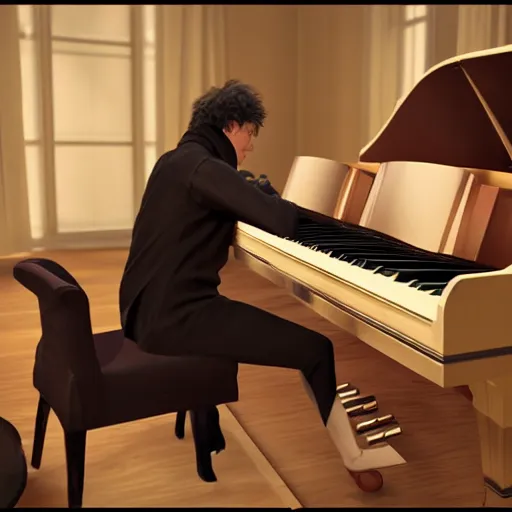 Prompt: of beethoven trying to compose at the piano but unable to hear and crying with frustration with pages of hand written score all around unreal engine 5 3 d photorealistic scene cinematic lighting