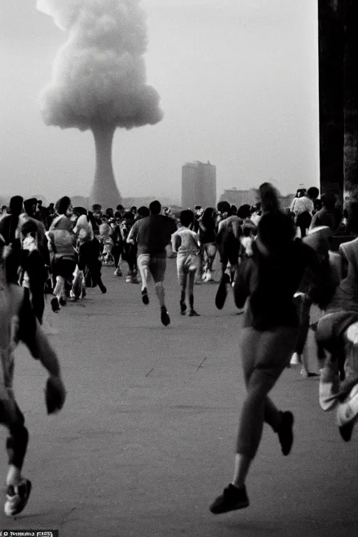 Image similar to a crowd of people running away in lisbon as a nuclear mushroom cloud flashes above the skyline