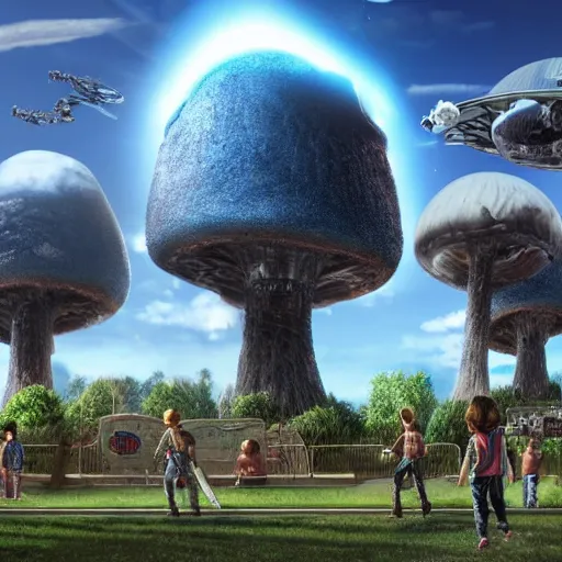 Image similar to terminators playing on a playground with a giant nuclear mushroom cloud in the back ground of a bright blue sky high level of detail 8 k resolution hyperdetailed photorealism