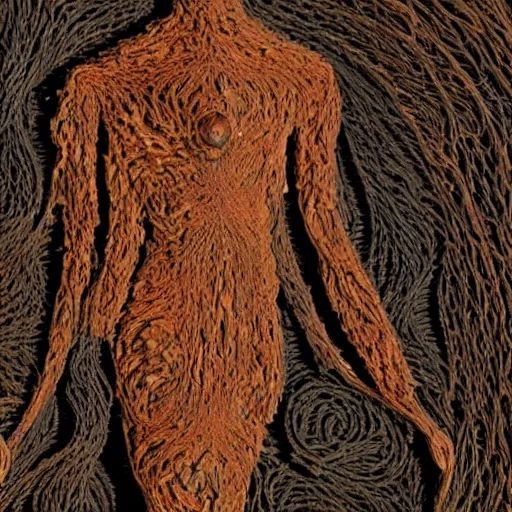 Image similar to dmt bodies. Mesh of human figures intertwined. earthen colors. The medium of this sculpture is human hair. A mess of human hair. Sculpted by August Rodine.