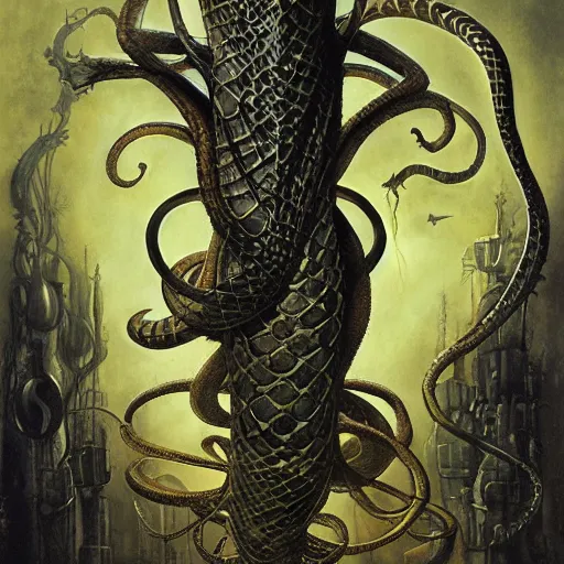 Prompt: a snake oil salesman that is also a grinning anthropomorphic snake, dave mckean, hr giger, peter mohrbacher, wayne barlowe