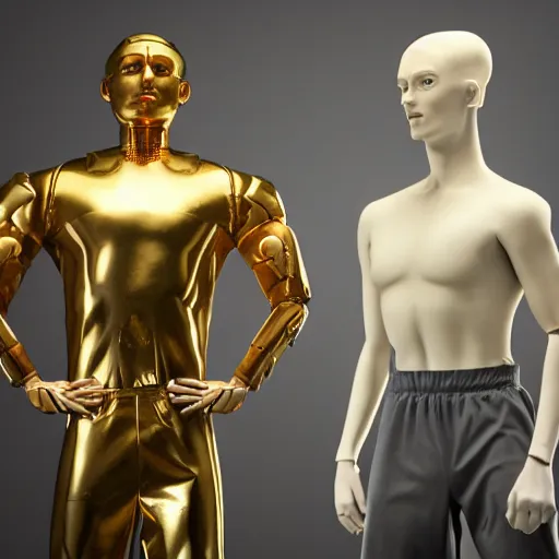 Image similar to a realistic detailed photo of a guy who is an attractive humanoid who is half robot and half humanoid, who is a male android, attractive and handsome soccer players, shiny skin, posing like a statue, blank stare, in a factory, on display, showing off his muscles, gold soccer shorts, side view, looking at each other mindlessly