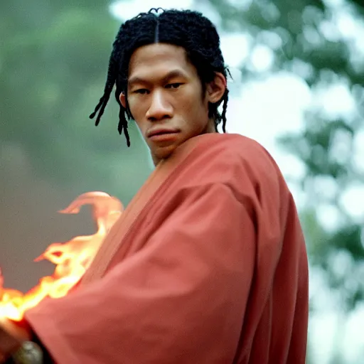 Prompt: cinematic film still of Young Thug starring as a Japanese Sensei with fire, Japanese CGI, VFX, 2003, 40mm lens, shallow depth of field, film photography