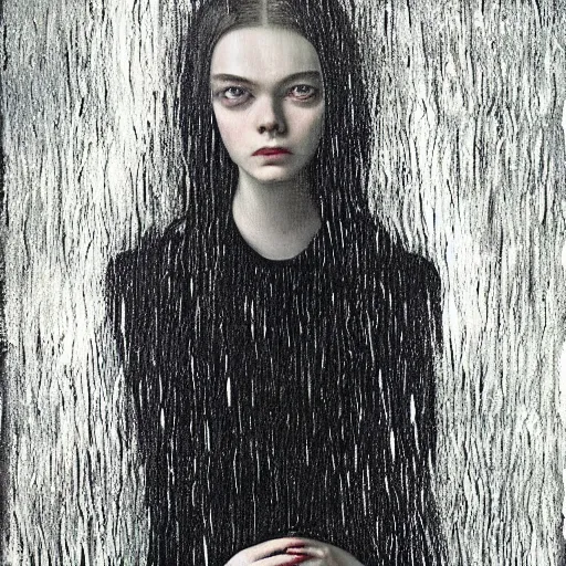 Prompt: a striking esoteric painting of Elle Fanning in the rain, dark, metal, black background, occult, by Grant Wood