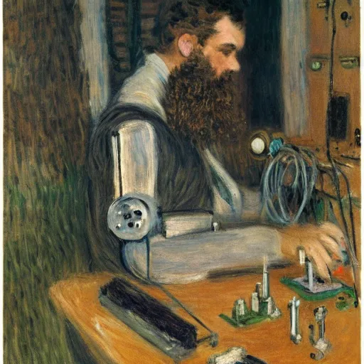 Prompt: a young man with brown hair and short beard building a robot in his lab in berlin by monet