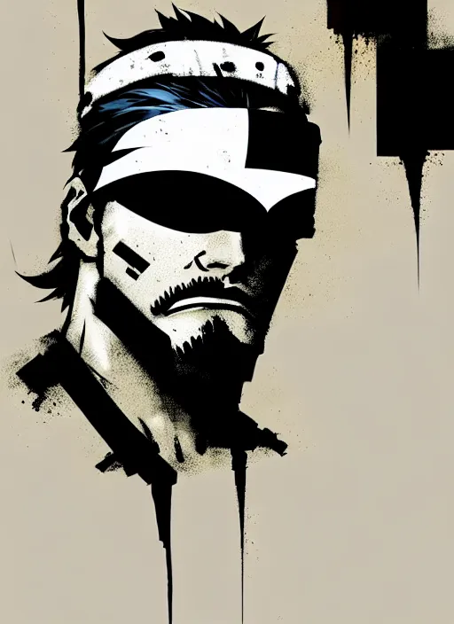Prompt: highly detailed closeup of a moody solid snake mgs 1 with eyepatch and headband by atey ghailan, by greg rutkowski, by greg tocchini, by james gilleard, by joe fenton, by kaethe butcher, by yoji shinkawa, gradient blue, black, brown and white color scheme muted tones, grunge aesthetic!!! white graffiti tag wall background