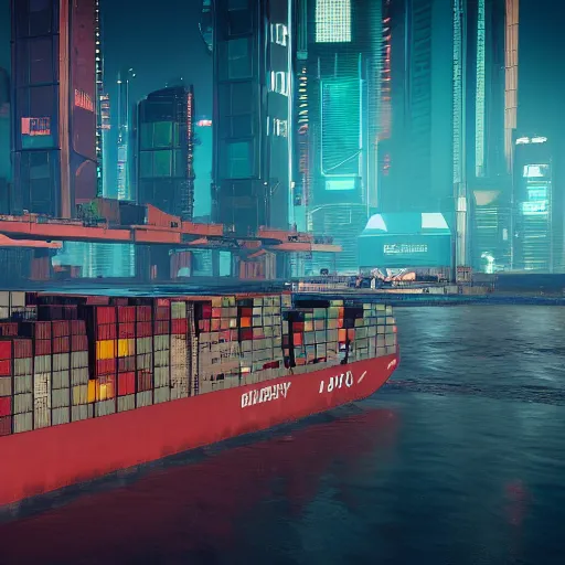 Image similar to an anti-gravity (futuristic container vessel) hovering at port in Night City Cyberpunk 2077, muted cyberpunk style, tranquil, steady, atmospheric, sweltering, autochrome, 8k, reflections, octane render, unreal engine 5