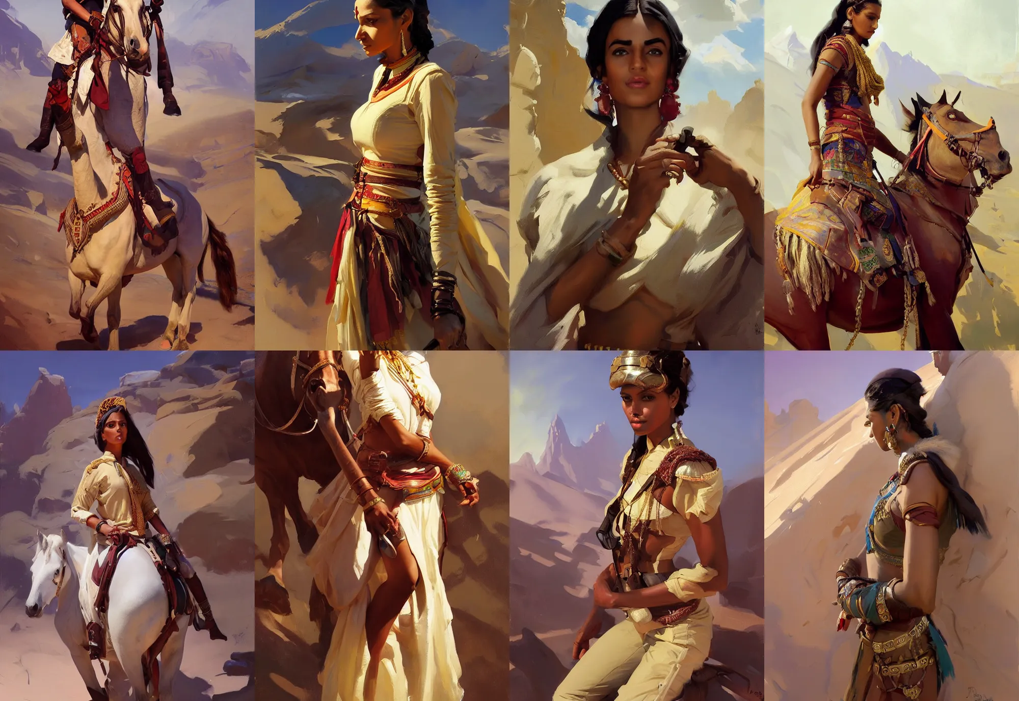 Prompt: portrait of indian arabian namibian model girl jodhpurs hyperborea winter traveler treasure hunter greg manchess painting by sargent and leyendecker, fantasy, medium shot, asymmetrical, intricate, elegant, matte painting, illustration, hearthstone, by rhads, by greg rutkowski, by greg tocchini, by james gilleard, by joe fenton