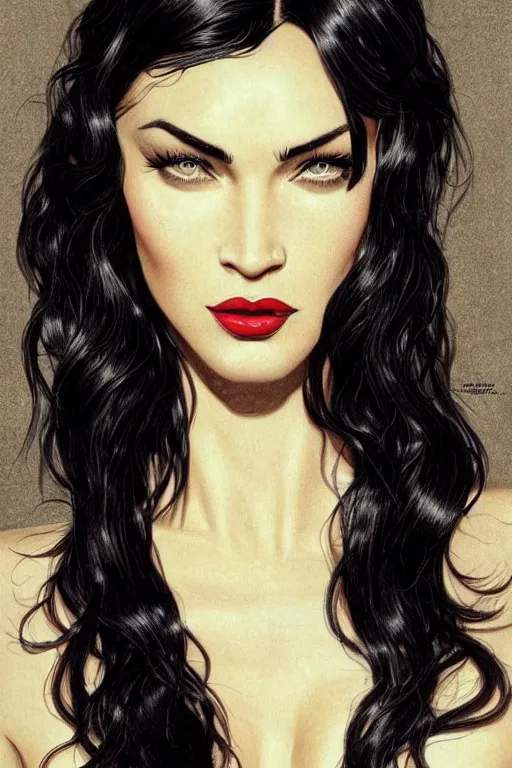 Prompt: megan fox, claudia black hybrid as morticia addams, masterpiece, intricate, elegant, highly detailed, digital painting, artstation, concept art, smooth, sharp focus, illustration, art by artgerm and greg rutkowski and alphonse mucha and uang guangjian and gil elvgren and sachin teng, symmetry!!