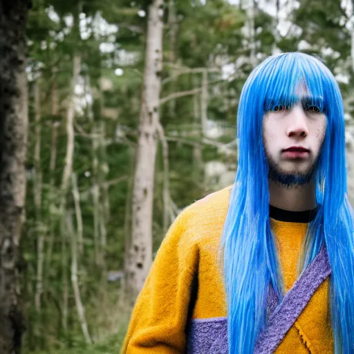 Image similar to rimuru tempest, young man blue hair,!!!!! yellow eyes!!!!! canon eos r 3, f / 1. 4, iso 2 0 0, 1 / 1 6 0 s, 8 k, raw, unedited, symmetrical balance, in - frame