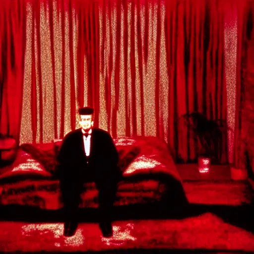 Image similar to the black lodge, Twin Peaks (1990), eerie surreal nightmare, david lynch, red curtains, ominous