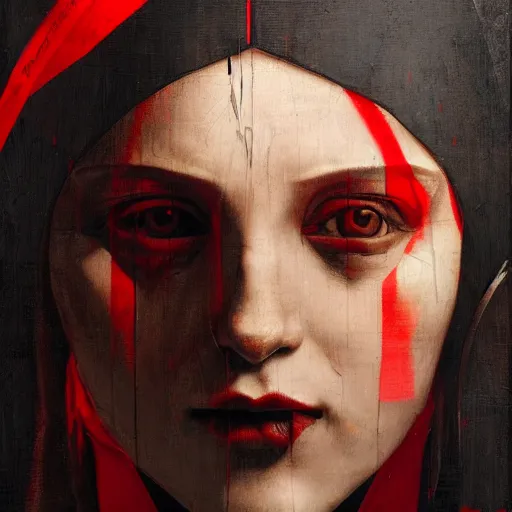 Prompt: Leonardo Davinci potrait of a demon with black and red robotic parts, medium shot, asymmetrical, profile picture, Organic Painting, sunny day, Matte Painting, bold shapes, hard edges, street art, trending on artstation, by Huang Guangjian and Gil Elvgren and Sachin Teng