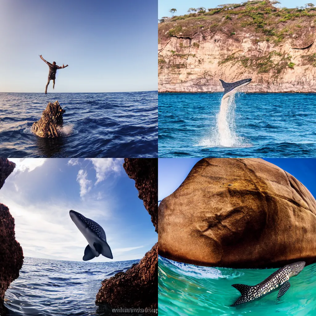 Prompt: A Guitar Player standing on a rock in the middle of the ocean. you can see a whaleshark jumping from the water in the foreground. Wide angle photography. Fast shutter speed, high speed, action photo, 1/1000 sec shutter