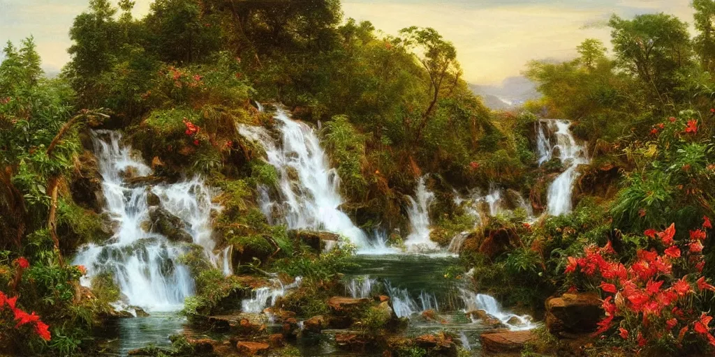 Prompt: scene of dreamlike cascading waterfalls, lilies, naturalistic art, by frederic edwin church,