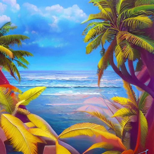 Image similar to tropical dream, oil on canvas, surrealism, highly detailed, masterpiece, award - winning, artstationhd