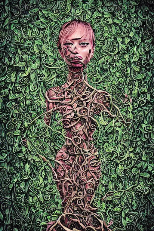 Image similar to beautiful elegant women made of oil and vines by rik oostenbroek, contrasted color, full body