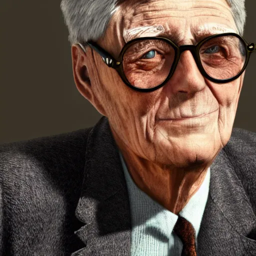 Prompt: a modern 2 0 2 0 photograph portrait of an old elderly john f kennedy as a 1 0 5 year old elderly john f kennedy at the age of 1 0 5 while wearing glasses and a sweater realistic hyperrealistic very realistic detailed very detailed highly detailed extremely detailed trending on artstation real real life hd quality 8 k resolution detailed face very detailed face modern photograph modern photograph portrait modern portrait