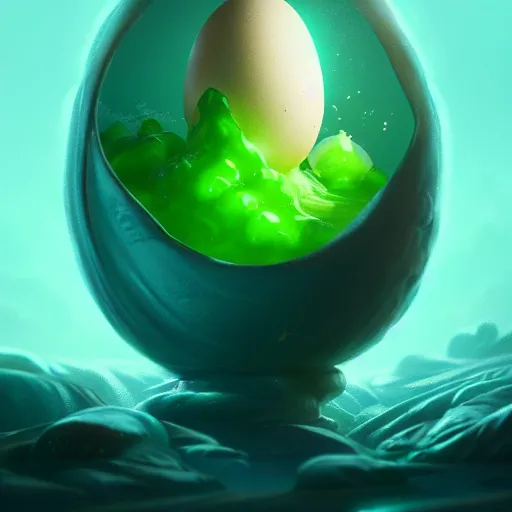 Image similar to magic frozen ice phoenix egg, deadly green potion flowing from the top, peter mohrbacher style, ray tracing, cinematic, digital art, realistic, octane render