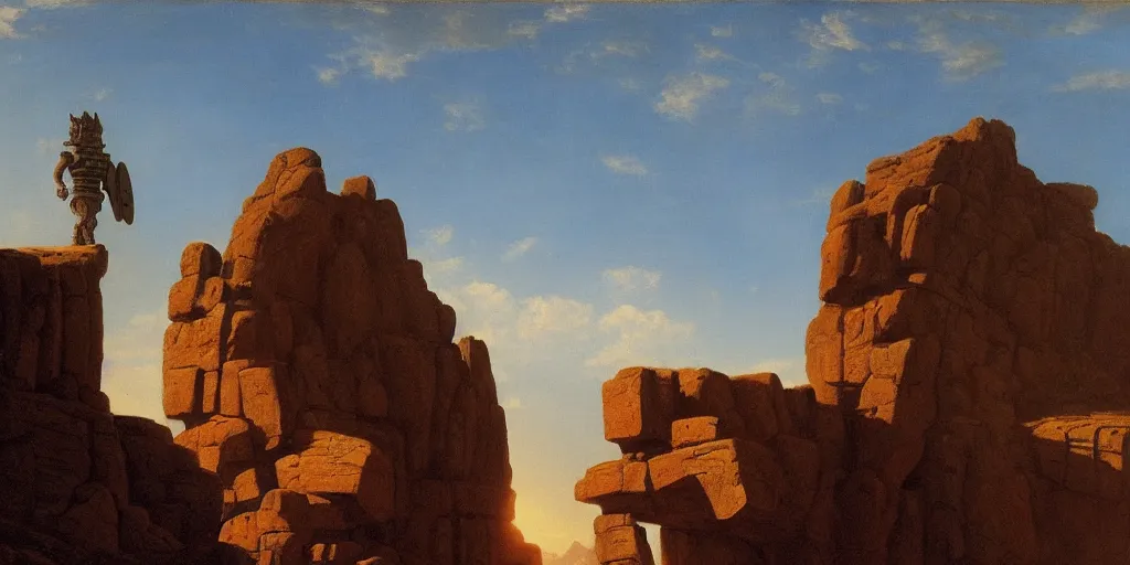 Image similar to a young girl stands next to a rock giant, shadow of the colossus, in front of a temple, in a large desert cave, dramatic lighting, hudson river school
