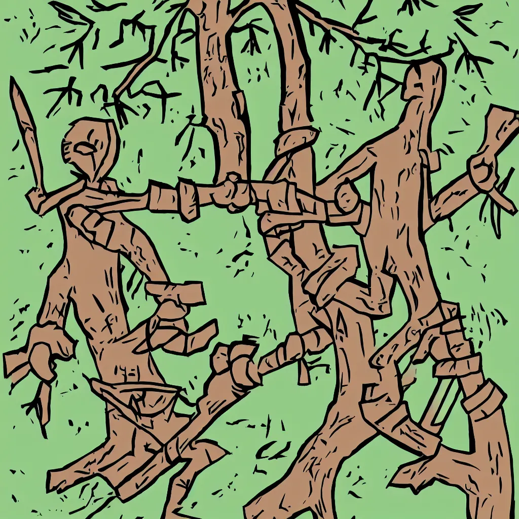 Prompt: xkcd style illustration of a stick figure, trying to chop a tree with a blunt axe.