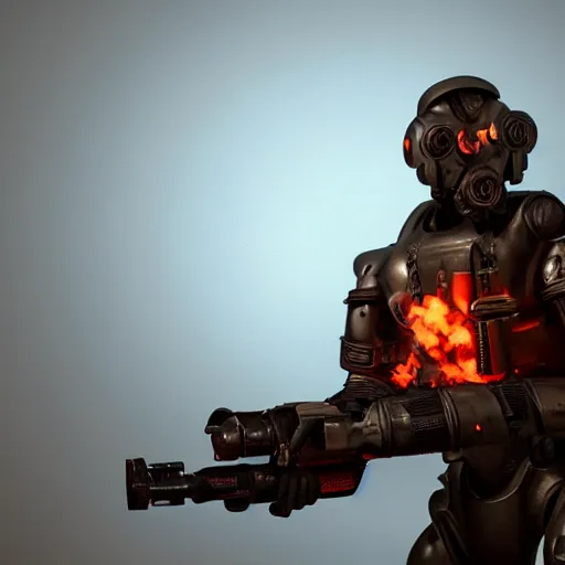 Image similar to a soldier wearing a full set of hellfire advanced power armor and holding a flamethrower, 3 d render, octane, ray tracing, ultra detailed, photorealistic, high resolution, 8 k