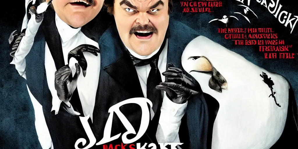 Prompt: jack black as the penguin. movie poster. blockbuster hit.