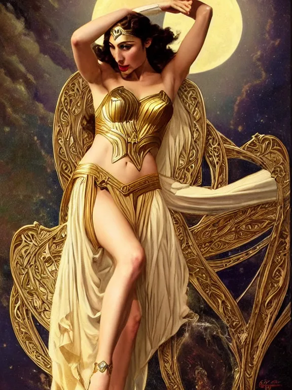 Prompt: Gal gadot as the magic Greek goddess Circe, a beautiful art nouveau portrait by Gil elvgren, moonlit Mediterranean environment, centered composition, defined features, golden ratio, intricate gold jewlery