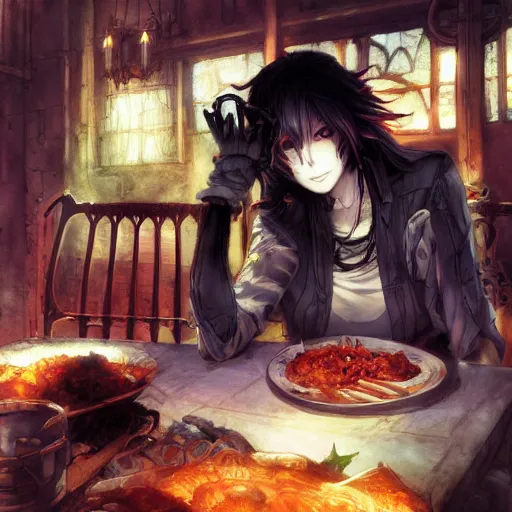 Image similar to goth woman eating dinner color page, tankoban, 4 k, tone mapping, akihiko yoshida, james jean andrei riabovitchev marc simonetti, yoshitaka amano, long hair, curly, h. hydrochaeri