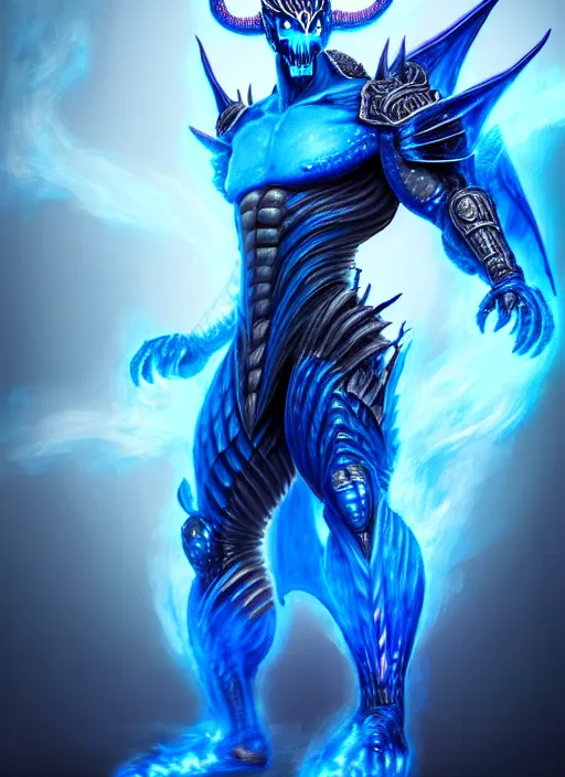 Image similar to muscular and tall blue ghostly fire humanoid dragon!!!! draconian!! intricate ornate iridescent heavy armor!! character concept art, sharp focus, octane render! unreal engine 5! highly rendered!! trending on artstation!! detailed linework!! illustration by artgerm, wlop, and chie yoshii