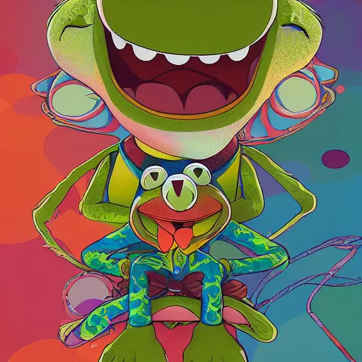 Prompt: kermit the frog by takashi murakami,, beeple and james jean, aya takano color style, 4 k, super detailed, night sky, digital art, digital painting, celestial, majestic, colorful