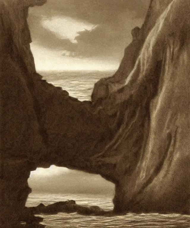 Image similar to photorealistic sepia painting of a 1 9 2 5 bay boat sailing near a jamaican cliff with the mouth of a sea cave at the waterline, dark, brooding, atmospheric, lovecraft, horror, smooth, epic, highly detailed, cinematic