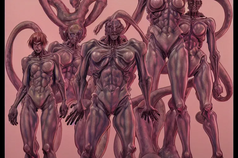 Prompt: cel shaded study of a group of flesh golems, key visual with intricate linework, in the stlye of moebius, ayami kojima, 90's anime, retro fantasy