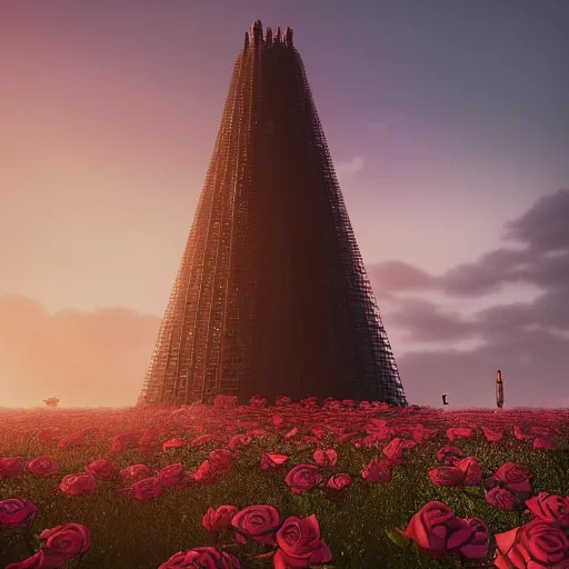 Image similar to a dark tower in the center of a field of roses. golden hour. photorealism. octane render. 4 k artstation trends