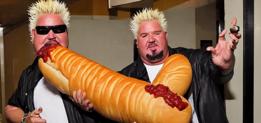 Image similar to guy fieri in a dim hallway, cradling the biggest hot dog in the world. the hot dog is extremely heavy.