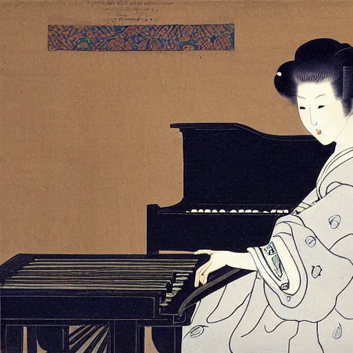 Prompt: girl with curly blonde hair sitting at a piano, painting by utamaro