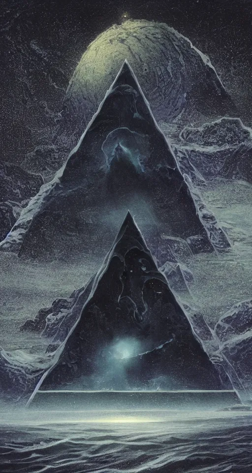 Image similar to black lovecraftian eldritch!! obsidian pyramid!! with a man standing on top of it on calm seas, cosmic space! sky background by eugene von guerard, ivan shishkin, night, cosmic space, concept art, trending on artstation, 8 k