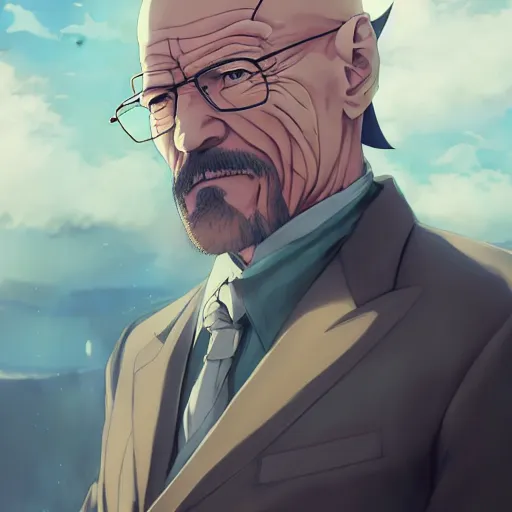 Image similar to anime portrait of walter white as an anime antagonist by Stanley Artgerm Lau, WLOP, Rossdraws, James Jean, Andrei Riabovitchev, Marc Simonetti, and Sakimichan, trending on artstation