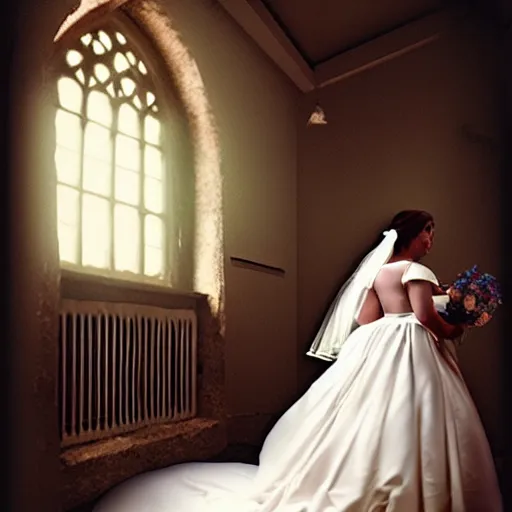 Prompt: rhinoceros wearing a wedding dress in a chapel, photo realistic, hyper detailed, cinematic lighting, polaroid