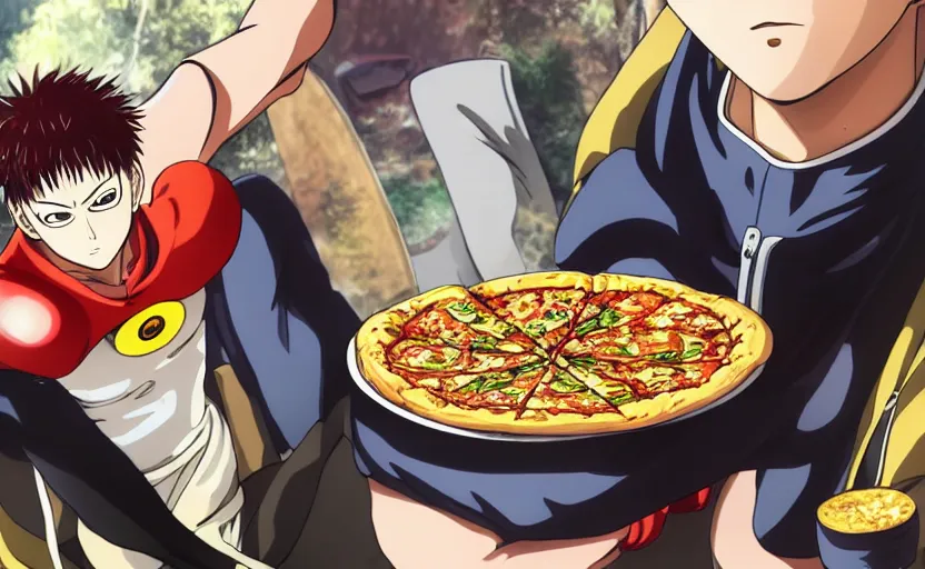 Image similar to Saitama from One Punch Man eating pizza, 8k hdr pixiv dslr photo