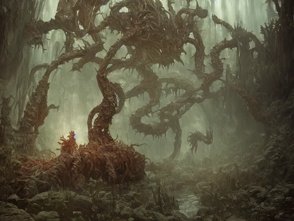 Image similar to scary mystycal monster with many limbs with elemental magic hunting in foggy river. vaporwave, unreal engine 5, art by artgerm and greg rutkowski and alphonse mucha, hdr global illumination, detailed and intricate environment. hyperrealistic, volumetric lighting. epic cinematic shot, perfectly defined features, ambient occlusion