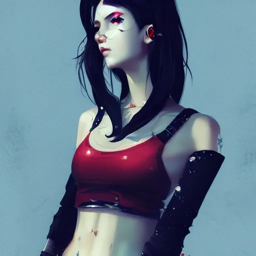 Image similar to portrait of a beautiful punkrock woman in crop top, by guweiz