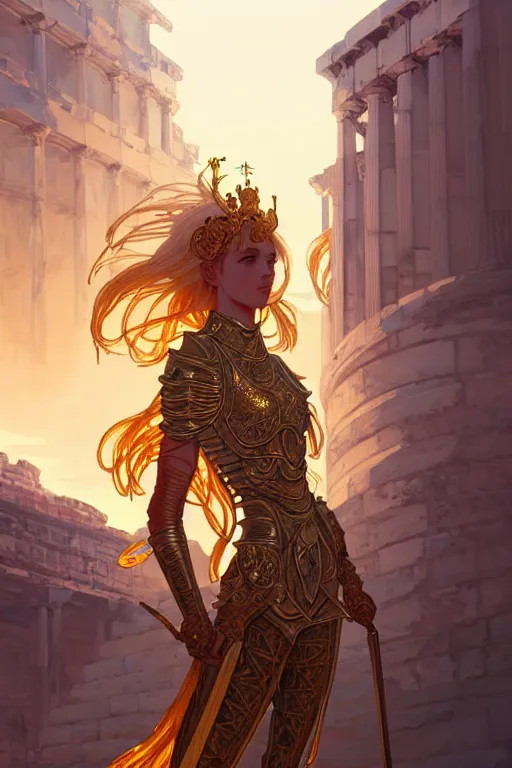 Prompt: portrait knights of zodiac girl, golden and copper shining armor, in ruined agora of athens sunrise, ssci - fi and fantasy, intricate and very very beautiful and elegant, highly detailed, digital painting, artstation, concept art, smooth and sharp focus, illustration, art by tian zi and wlop and ilya kuvshinov and alphonse mucha