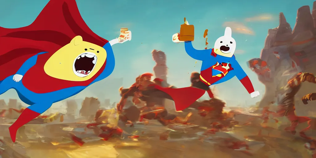 Image similar to Epic painting of Jake from adventure time fighting superman while eating bacon pancakes, by senior character artist, volumetric lighting, concept art, digital painting 8k