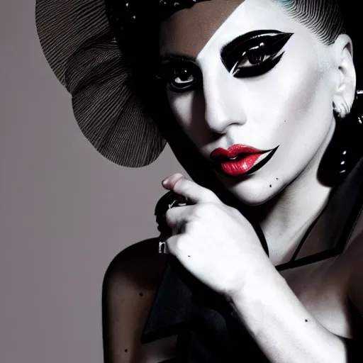 Image similar to Lady Gaga posing for a makeup shoot wearing geometric makeup, dramatic lighting