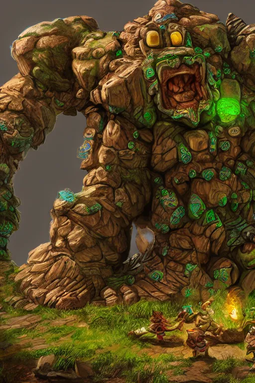 Image similar to zelda fantasy art giant golem troll wood rock greeble gemstone, global illumination ray tracing hdr fanart arstation by sung choi and eric pfeiffer and gabriel garza and casper konefal