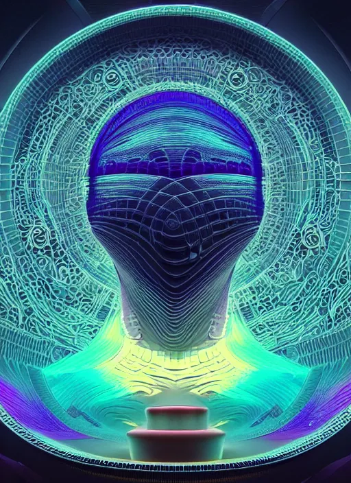 Image similar to a highly detailed vfx landscape of recursive speakers forming a 3 d head. 🔊 head. colorful amplitude and frequency wave visualisation. iridescent metamorphic synaesthesia. ornate, hyperrealistic, octane render, chiaroscuro, inspired by greg rutkowski, android jones, beeple, shaun tan, frostbite 3 rendered