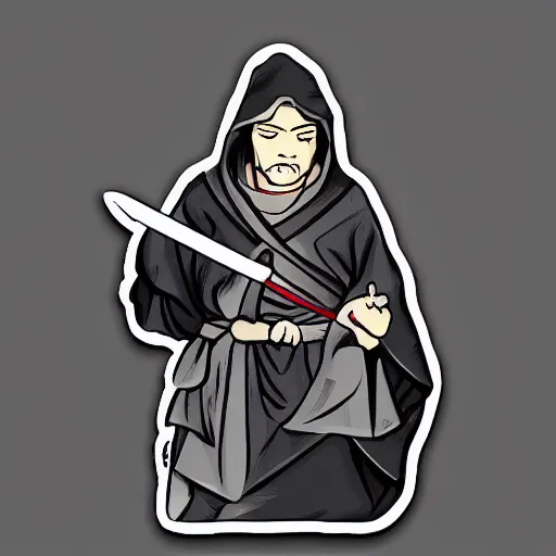 Prompt: a sticker illustration of a man in a grey cloak holding a katana