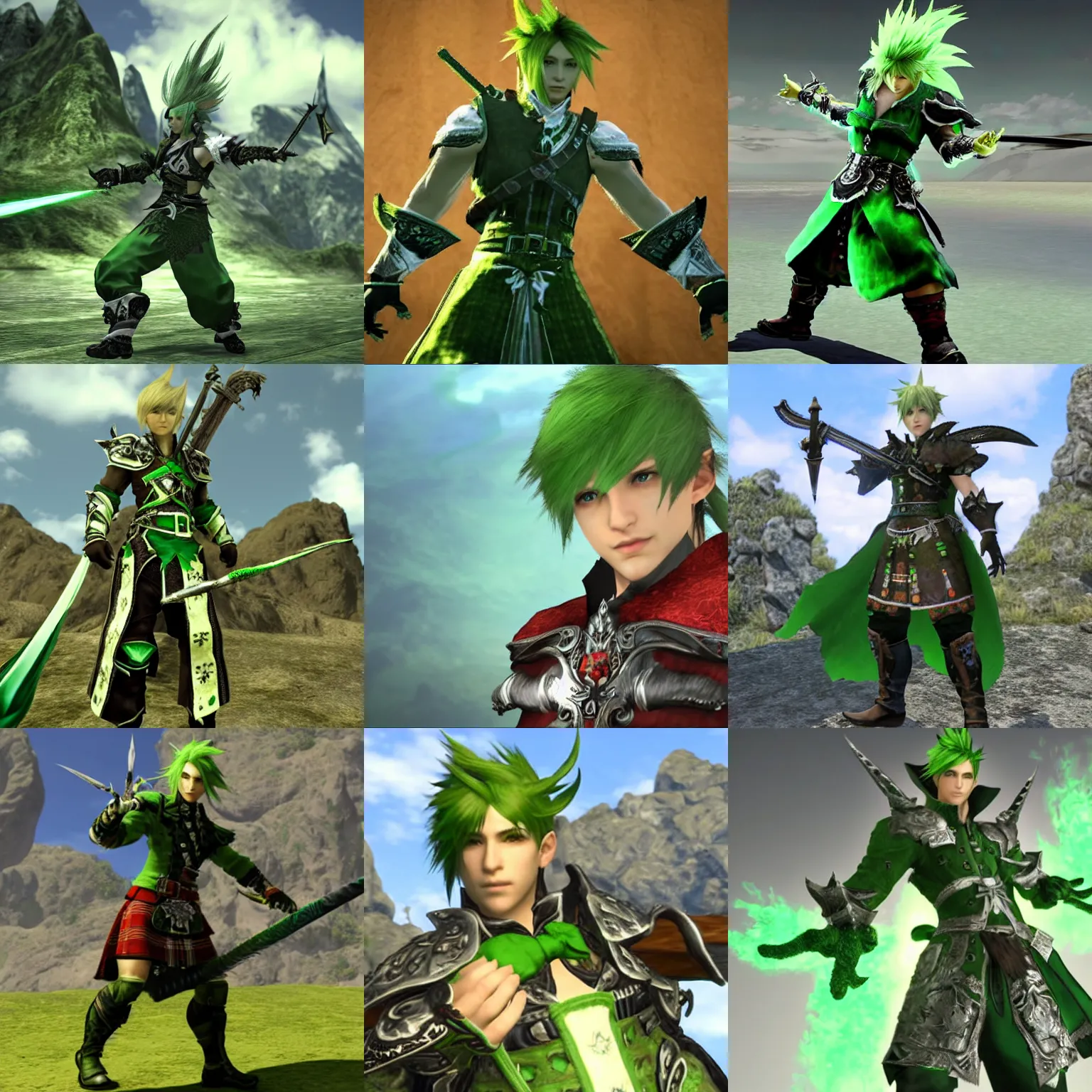 Prompt: a photo of a male highlander (from Final Fantasy XIV) with green hair and a green frilled suit holding dice in his outstretched hand, videogame rendering, 3d, Final Fantasy XIV style