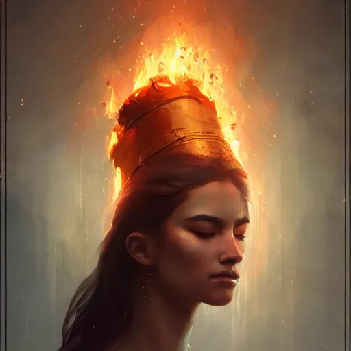 Image similar to a beautiful portrait of a fire goddess with closed eyes by greg rutkowski and raymond swanland, trending on artstation, flaming background, ultra realistic digital art